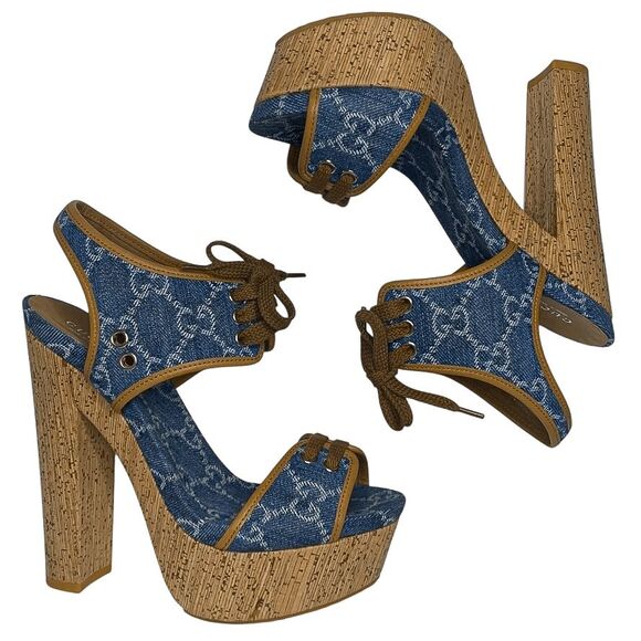 Gucci Double GG Logo Canvas Platform Sandal EU 38 US 8 Blue Slingback High Heel - Picture 7 of 12